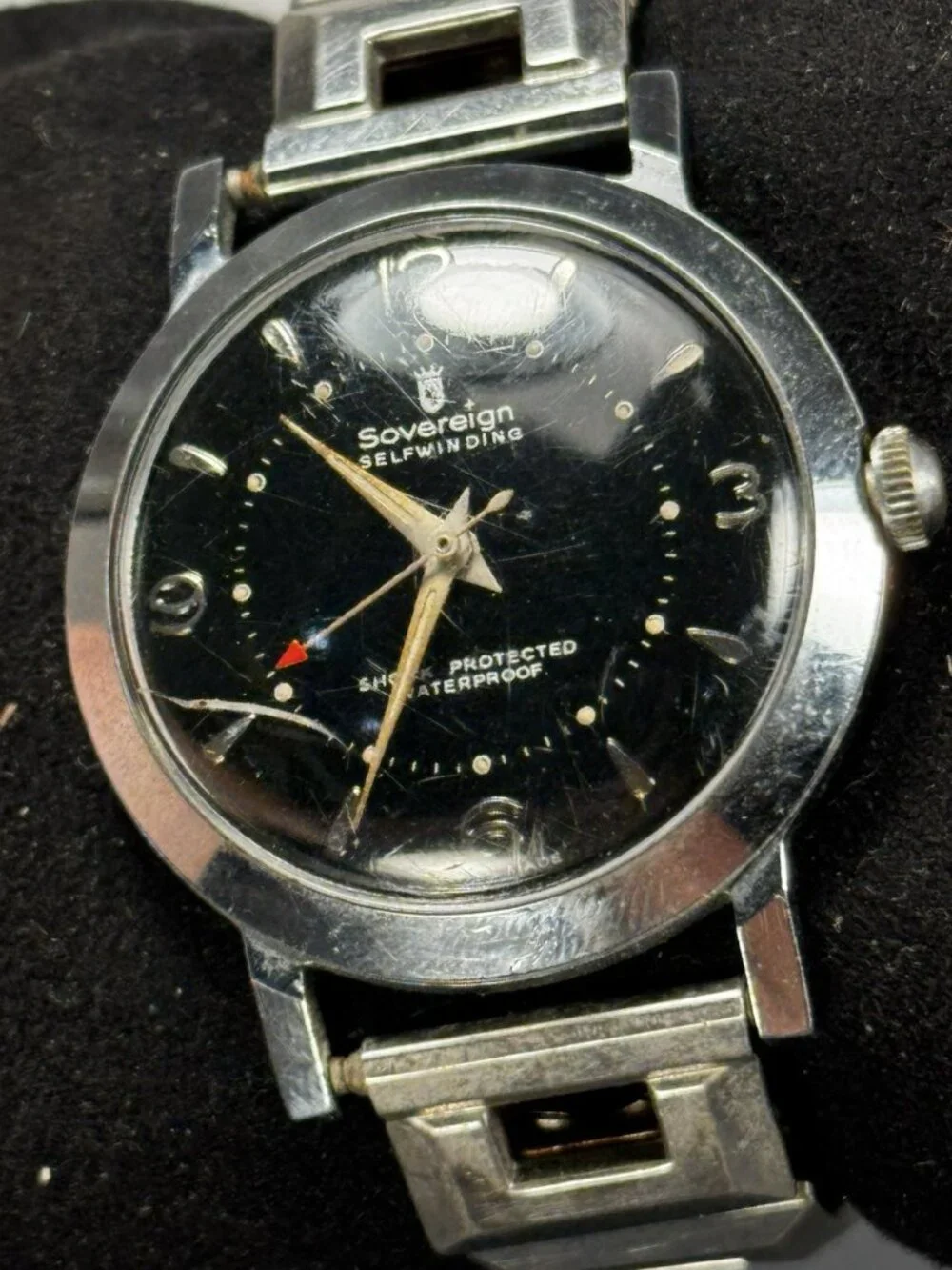 Vintage Sovereign Self Winding Swiss Automatic Watch Black Dial Speidel Runs